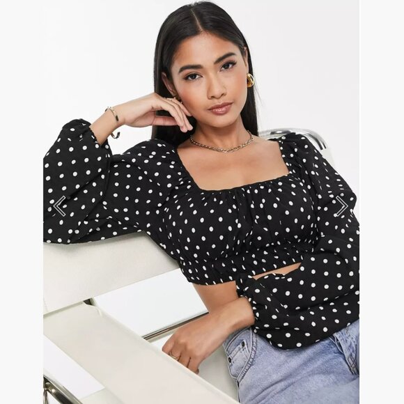 NWOT - ASOS Lola May Cropped Black and White Polka Dot Blouse - Size 4 - Picture 3 of 6
